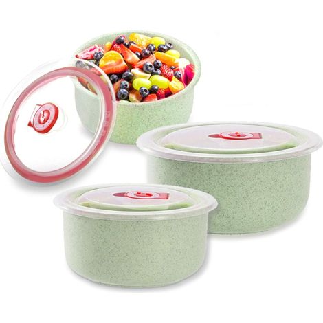 récipient de soupe, bol de récipients alimentaires, Ensemble de 3 bols frais écologiques en paille de blé et en plastique, bol frais dune capacité de avec couvercle(vert)