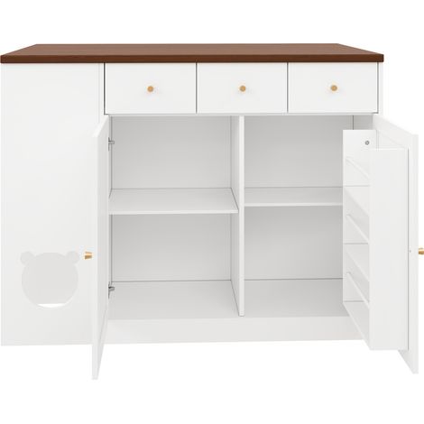 Îlot de cuisine avec plateau extensible, tiroirs, rangement épices et espace repas pour animaux, blanc et noyer, 120×(40+30)×90 cm (1/5)