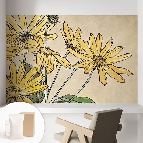 Fototapete Tapete Vliestapete mit Kleber Büro Wandgestaltung - Wanddekoration Wohnzimmer Aquarellblumen 104x70 cm (1/5)