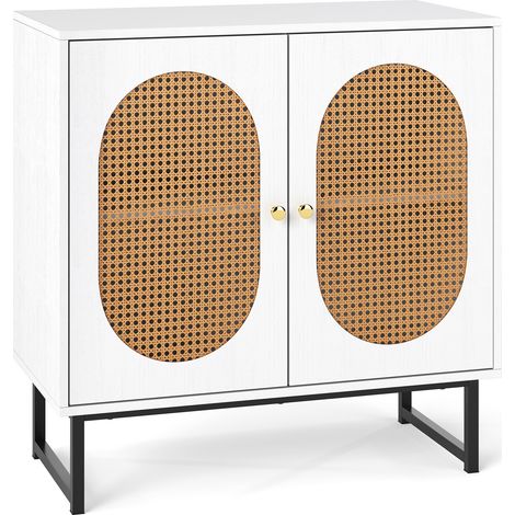 COSTWAY Rattan Storage Cabinet 2 Door Buffet Sideboard w/Adjustable Shelf-White (1/5)