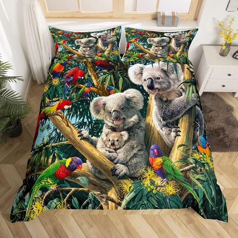 Koala Print Housse de Couette Animaux Mignons Parure de Lit 200x200cm Kawaii 3D Animaux Oiseaux Ensembles de Housse de Couette pour Enfants Chambre Décor Arbre Motif Avec 2 Taie d'oreiller - 200x200cm (1/5)