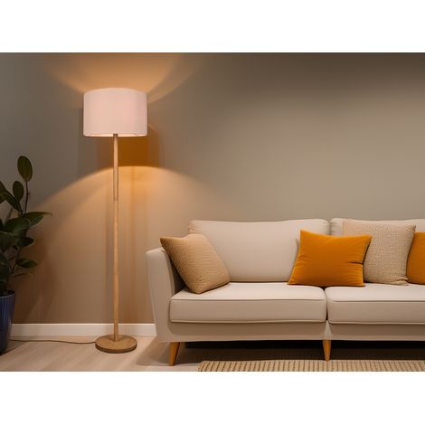 Stehlampe KORBA mit Holz Fuß & Stoff Lampenschirm Weiß, Höhe 162cm (1/5)