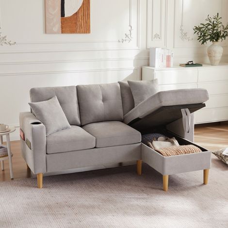 Canapé d'angle 3 places gris clair 175x129x90cm avec méridienne, rangement et porte-gobelet, Idéal pour salon, bureau, appartement (1/5)