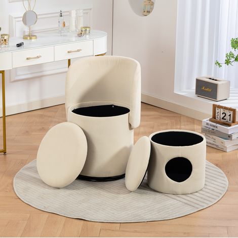 Poltroncina girevole beige in velluto a coste con contenitore integrato e pouf cuccia per gatto (1/5)