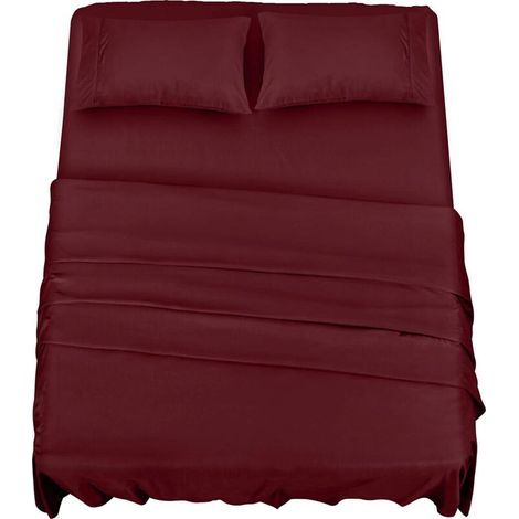 pair Polyester Microfibre Parure de lit (4 pièces, Bordeaux) - 1 Drap Housse 150x200cm, 1 Drap Plat 266x259cm et 2 Taies d'oreiller 50x75cm