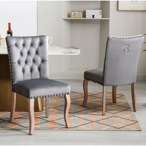 Lot de 2 chaises de salle à manger en velours gris avec dossier capitonné, anneau décoratif et pieds en bois, style moderne pour salon et repas CHICFURN (1/5)