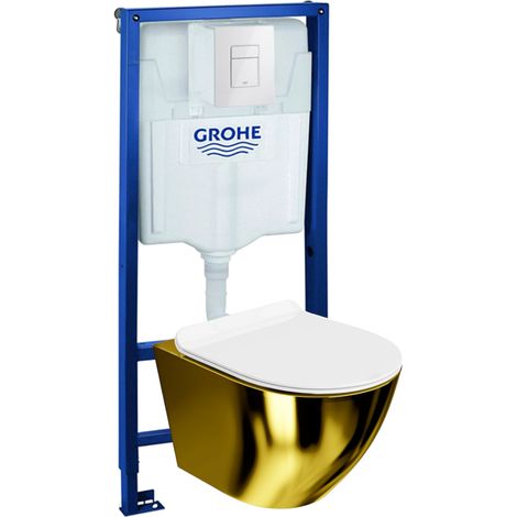 GROHE Bâti-support Solido + Lavita WC Sofi Slim Gold/White suspendu blanc/or sans bord + panneau de commande Delta 25 blanc Kit complet