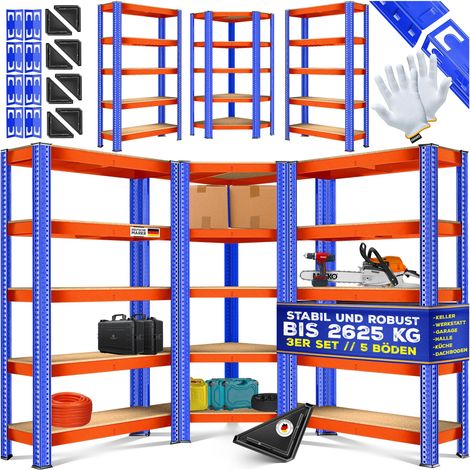 MASKO® Juego de 3 Estanterías metálicas, 1 Estante esquinero y 2 Estantes de almacenamiento, 15 Tableros MDF, capacidad de carga hasta 2625 kg, Negro