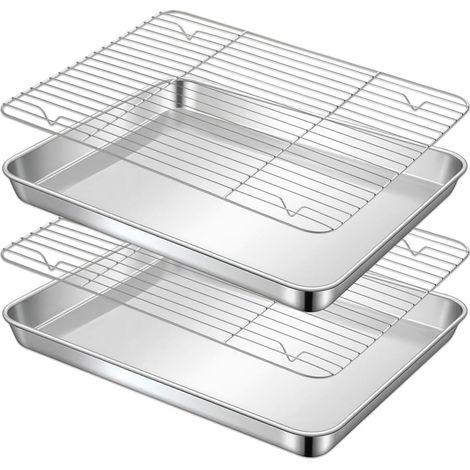 Plaque de Cuisson en Acier Inoxydable avec Grille de Refroidissement, Antiadhésives Rectangulaires Bac Cuisson, Plaque à Pâtisserie avec Grille Plaque pour Rôti et Refroidissement (23,5x17,5x2,5cm) (1/5)