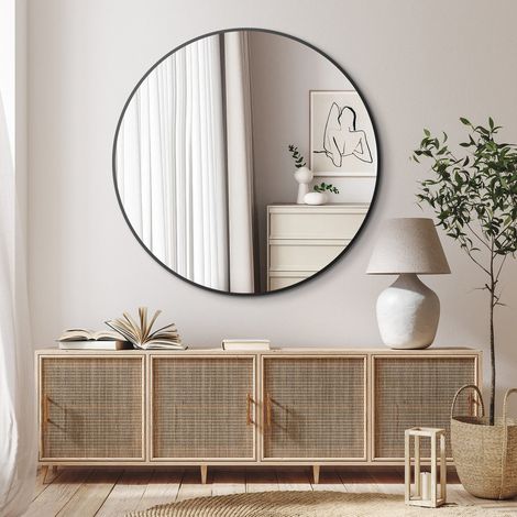 Spiegel Rund Schwarz 40cm, Runder Wandspiegel mit Aluminiumrahmen, Einfache Montage, Modern dekorativer Spiegel zum Aufhängen und Anlehnen für Badezimmer, Wohnzimmer, Schlafzimmer (1/5)