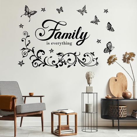 Stickers Muraux Papillons et Fleurs Noir Autocollants Muraux Citation "Family is Everything" Décoration Murale Amovible DIY pour Salon Chambre à Coucher Salle à Manger (1/5)