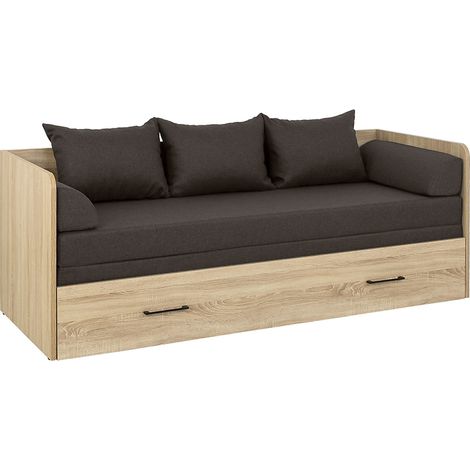 Pegane – Lit canapé convertible 80-160x200 cm chêne sonoma – avec coffre de rangement – matelas 195x75/150 cm – 3 oreillers gris anthracite – Longueur 200,5 cm (1/4)
