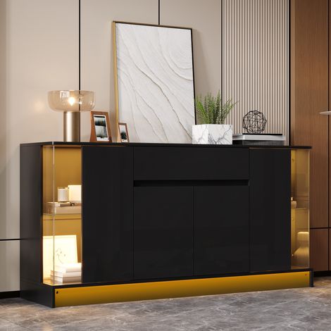 Credenza soggiorno con vetrina in vetro e led app - madia moderna lucida 150 x 40 x 75 cm - mobile buffet con cassetto e ante - nero (1/5)