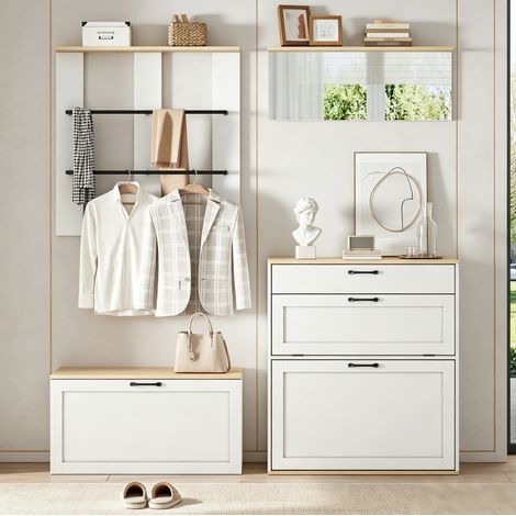 Garderoben-Set, Schrank, Schublade, Spiegel,Multifunktionale Garderobe,Schuhschrank mit Schuhbank, Kann frei kombiniert werden,Geeignet für Eingangsbereich, Wohnzimmer,Weiß + Holzton,156x36x176cm (1/5)