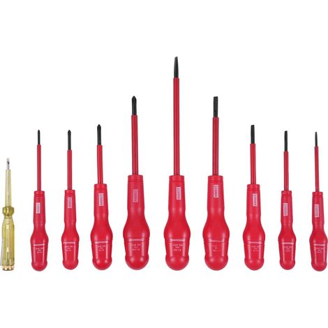 kit tournevisSet d'électricien isolé 1000V avec 9 tournevis (4 Phillips, 5 plats), pointe magnétique, manche antidérapant et testeur dans sac de transport. (1/5)