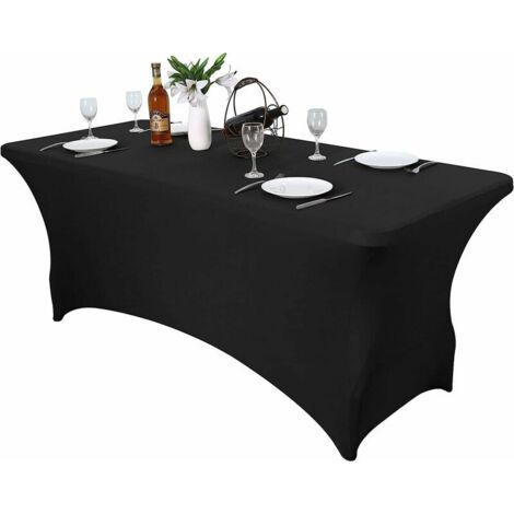 Housse pour mobilier de jardin Nappes de table noires pour tables de 6 pieds - Nappes rectangulaires ajustées résistantes aux plis en élasthanne extensible pour fêtes, mariages et banquets (1/5)