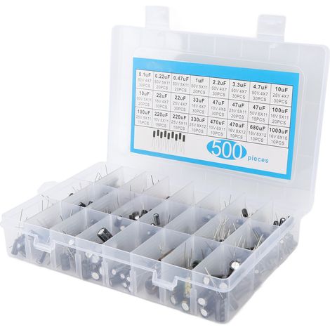Assortiment de 500 condensateurs électrolytiques en aluminium, 0,1 µF à 1000 µF, 16 V à 50 V, 24 valeurs (1/5)