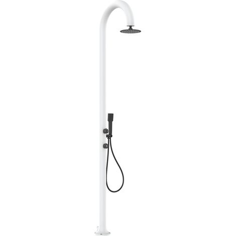 SINED Ducha Jardín Blanca de Aluminio con ducha de mano Agua Caliente y Fría Alcachofa Antical Doble Conexión Inferior y Lateral Ideal para Interiores o Exteriores Modelo LUNA ALU D BIANCA