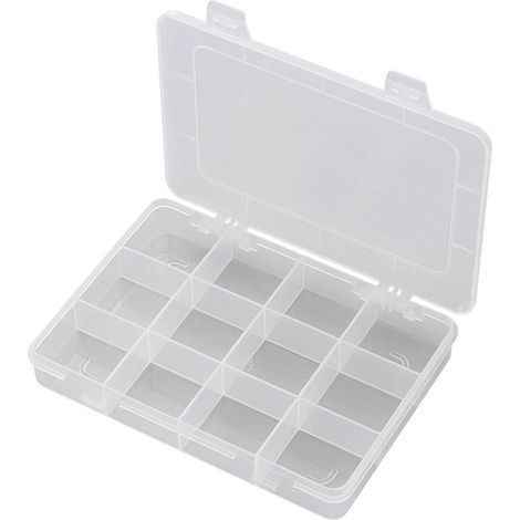 TRU COMPONENTS E-110 Scatola minuteria (L x L x A) 184 x 124 x 25 mm Scomparti: 12 suddivisione fissa Contenuto 1 pz.