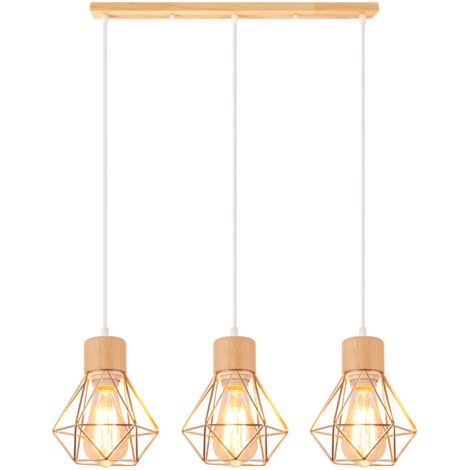 royaluxe- Lampe À Suspension Vintage Suspension Luminaire Rétro 3 Lumières Plafonnier D'Intérieur Moderne En Métal Et En Bois Or