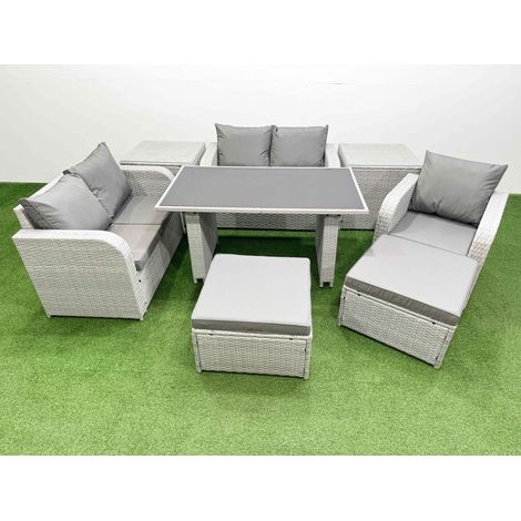 Fimous Rattan Sofa Outdoor Furniture with Dining Table,2 Side Tables,Love Sofa,2 Big Stools Patio Furniture Light Grey 7 Seater (1/4)