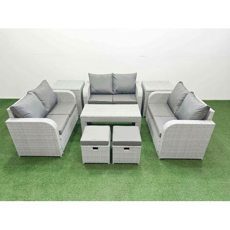 Fimous 8 Seater PE Wicker Rattan Furniture Sofa Sets with Oblong Coffee Table 2 Seater Love Sofa 2 Stool 2 Side Table Light Grey (1/4)