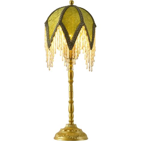 Vintage-Tischlampe mit Fransen und Perlenschirm, 3 Farbtemperaturen, Grün und Gold, viktorianischer Stil