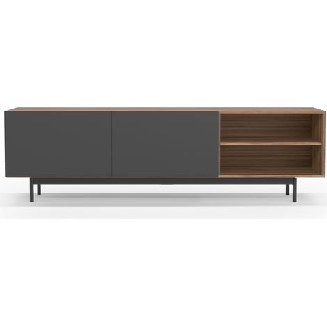 Mueble TV, colección PRINTED, en melamina con 2 puertas y 2 estantes abiertos en un extremo. Nogal-Grafito