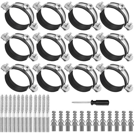 12 Pièces Collier de Serrage 50mm, Support de Tube avec Tournevis, Colliers de Serrage à Visser avec Insert en Caoutchouc pour Tube, Conduite D'eau, Gaines de Ventilation (1/5)