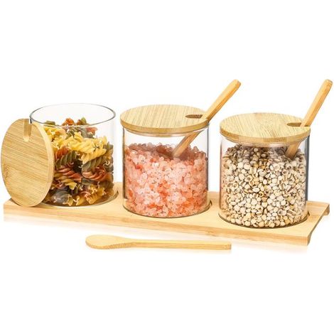 3 teiliges Küchentopf Set aus Bambus und Glas mit Servierlöffeln und Tablett, dreiteiliges Vorratsdosen Set für Tee, Kaffee und heiße Schokolade (1/4)