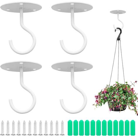 Crochet Plafond 4 Pièces Métal Mur Plante Crochet Swag Cintres de Plafond avec Vis et Ancres pour Suspendre Paniers à Plantes Lanternes Carillons Éoliens Décorations Extérieur (Blanc) (1/5)