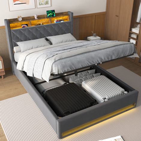 Cama 140x190 cm con LED - 2 plazas - Cama con canapé - Cabecero con almacenamiento y puertos USB y Type-C - Terciopelo - Gris (1/5)