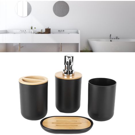 Ensemble de salle de bain d'hôtel 4 pièces, ensemble de salle de bain nordique en bambou, articles de toilette en bambou, brosse à dents en plastique, noir. (1/5)