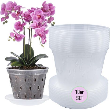 Lot de 10 Pots à orchidées Transparents avec Trou de Drainage de 17 cm de diamètre 1,5 l et 10 soucoupes en Plastique pour orchidées pour l'intérieur (1/5)