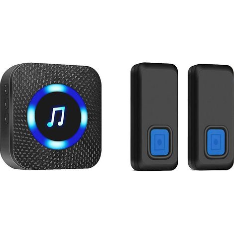 sonnette Sans Fil Carillon De Porte Exterieur  Tanche   Deux Bouton Emetteurs Avec Un Rcepteur Enfichable, Indicateur Led Bleu,50 Mlodies (1/3)