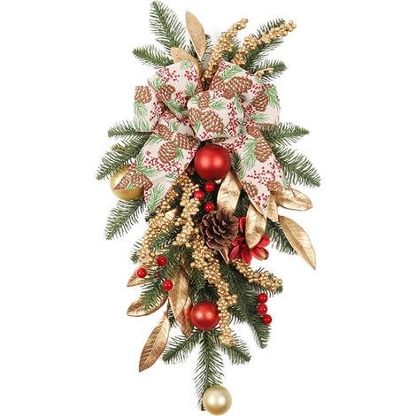 55 x 25 cm Weihnachtskranz, europäische und amerikanische verkehrt herum stehende Wanddekoration, Treppenhaustürornamente mit goldener roter Atmosphäre (B302/55 Treppenhaus-Wandbehang (ohne Licht)) (1/5)