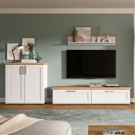 Ensemble meuble salon 3 éléments décor blanc et naturel - VERONICE (1/5)