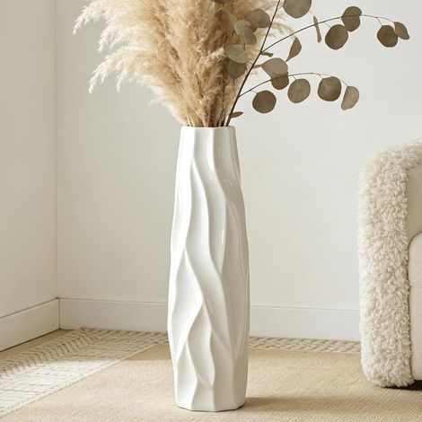 Grande vase en céramique blanche, 60 cm, vase décoratif au sol pour salon, bureau et chambre à coucher, élégante vase à fleurs pour herbe de la pampa (1/5)