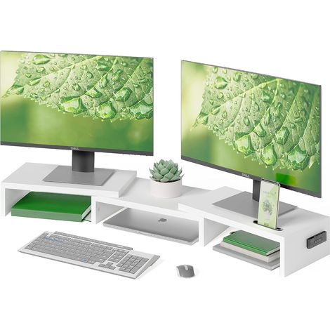 Rehausseur Ecran PC Bureau pour 2 Écrans, Réglable 80-108 cm, Blanc (1/5)