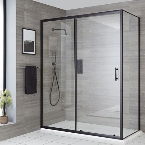 Milano Nero - Black Reversible Corner Wet Room Walk In Sliding Door Shower Enclosure with White Slate Effect Tray and Fast Flow Waste - 1700mm x 900mm (1/5)