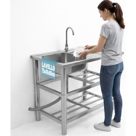 Lavello in Acciaio Inox Rubinetteria e Kit Sifone Ideale per Esterno 75x40x80cm