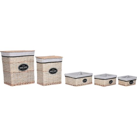 Panier linge osier tissu naturel déco intérieur - Marron clair naturel avec tissu rayé