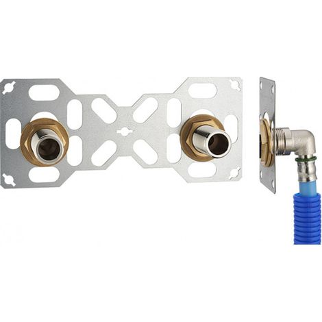 FIXSYSTEM doppio: kit completo per il fissaggio di un rubinetto a parete con interasse di 150 mm Gomiti di alimentazione da crimpare su tubo multistrato NOYON & THIEBAULT - Ø 16 mm, uscita 3/4' maschi