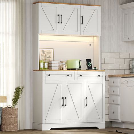 Armoire de cuisine, armoire de rangement haute avec éclairage LED et prises électriques, garde-manger avec organiseur de placard coulissant et étagère de porte, armoire vitrine pour salon et salle à m (1/5)