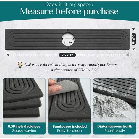 CYRILL – Protection anti-éclaboussures pour robinet d'évier de cuisine en diatomite, 61 cm, plateau d'évier de séchage en pierre soignée, moderne, tapis absorbant pour comptoir de cuisine (gris foncé, (1/4)