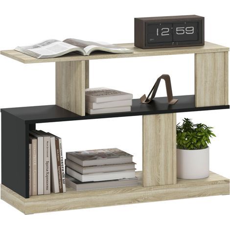 Table d'appoint en forme S, bout de canapé à 3 niveaux étagères de rangement, 90 x 30 x 61 cm, effet bois naturel noir (1/5)