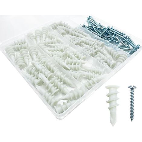 Lot de 100 chevilles autoperceuses pour cloison sèche avec kit de vis, y compris 50 chevilles et 50 vis 8 x 3,8 cm – Peut supporter jusqu'à 34 kg (1/5)