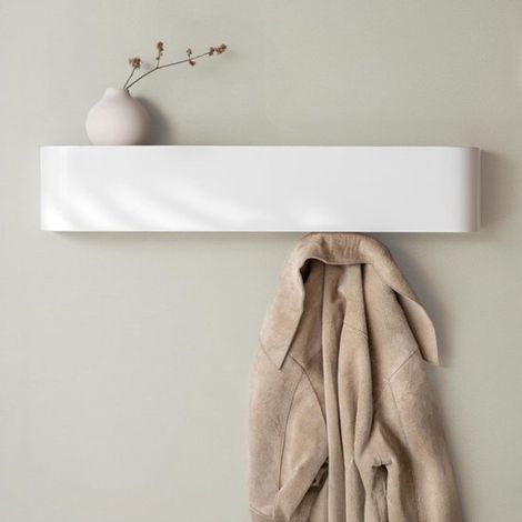 Estantería de pared - Perchero de pared - Diseño moderno con ganchos ocultos - Panel chapado - 52,7 x 7,2 x 10,1 cm - Blanco (1/5)