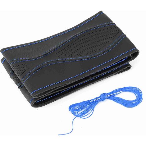 Housse de volant en cuir 38 cm/15 pouces Couture à la main Gaufrage à l'aide d'une aiguille et d'un fil Universel Noir Bleu (1/5)