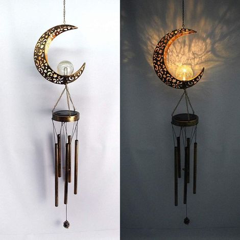 Carillon éolien Solaire extérieur LED en Fer forgé Creux Soleil Lune Pendentif Lampe Mobile décor Romantique pour Patio Jardin Cour (1/5)